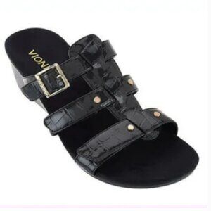 Vionic Black Radia Croco Triple Strap Sandle Wedge Size 8.5 NWOB